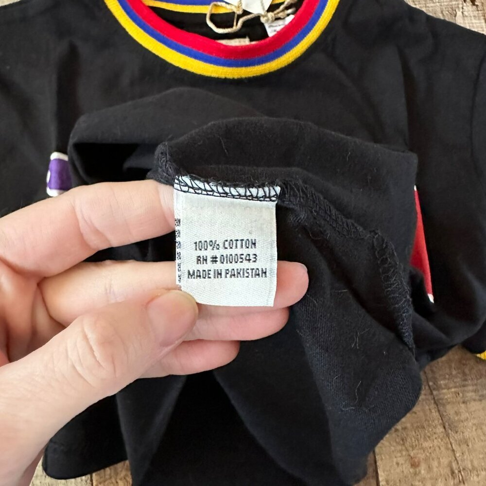 Fwrd Denim Black "Icon" Graphic T-Shirt L Colorful Trim Crew Neck Short Sleeve — image 6 of 7